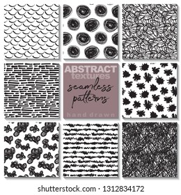 Set of eight hand drawn ink seamless patterns. Endless vector backgrounds of simple primitive scratchy textures with dots, stripes, waves.