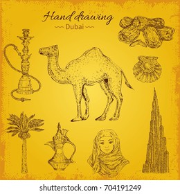 Set of eight hand drawn style decorative icons with symbols of tourist images sights and tokens vector illustration