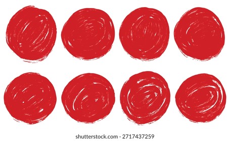 Conjunto de ocho pinceladas circulares dibujadas a mano. Círculos rojos del grunge y Formas de puntos. Cepillo redondo de crayón rojo pintado Anuncio circular. Colección para la insignia del grunge, sello, tinta y diseño del sello 