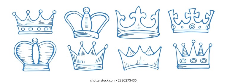A set of eight hand-drawn king and queen crowns in a blue ink sketch style, isolated on a white background. This collection features various vintage royal tiaras, imperial coronets, and majestic headwear symbols with detailed hatching, perfect for heraldry designs, logos, stickers, or retro graphic elements.