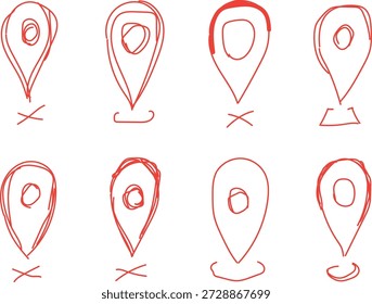 conjunto de oito pinos de localização de mapa vermelho desenhados à mão em estilo doodle. O texto que lhes é sobreposto parece ser uma simples sequência de caracteres, possivelmente para fins de rotulagem ou identificação. 