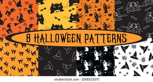A set of eight hand-drawn seamless patterns. Vector illustrations for wrapping paper, textiles, notebook and  covers, bags, scrapbooking and wallpaper. Doodle style. 