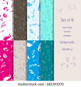 Set of eight hand-drawn seamless summer backgrounds. Vector illustration