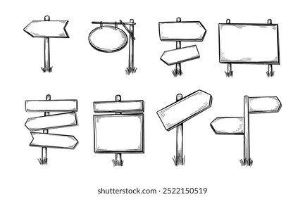 A set of eight hand-drawn wooden signposts with blank surfaces, perfect for indicating directions and providing information.