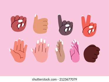 set of eight hands making symbols