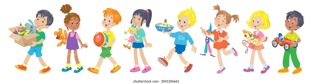 Set of eight happy  multi-cultural children with their favorite toys. Banner in cartoon style. Kids of different nationalities. Isolated on white background. Vector illustration