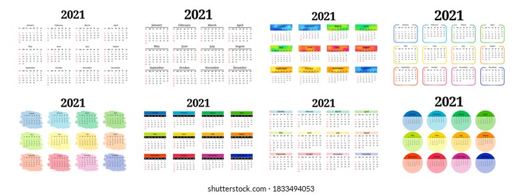 Set von acht horizontalen Kalender für 2021 einzeln auf weißem Hintergrund. Von Sonntag bis Montag, Geschäftsvorlage. Vektorgrafik