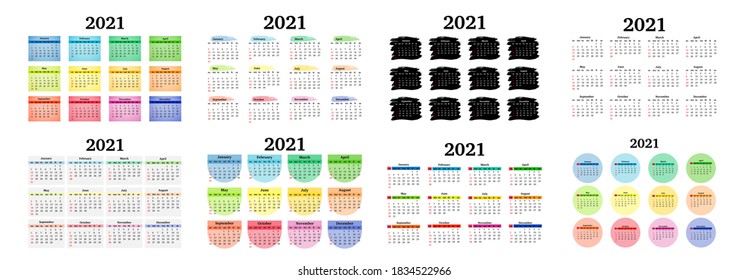 Set von acht horizontalen Kalender für 2021 einzeln auf weißem Hintergrund. Von Sonntag bis Montag, Geschäftsvorlage. Vektorgrafik