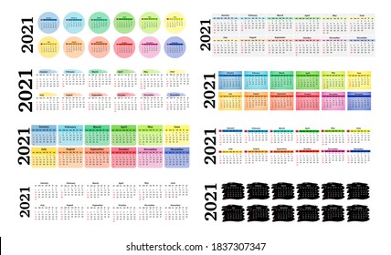 Set of eight horizontal calendars for 2021 isolated on a white background. Sunday to Monday, business template. Vector illustration