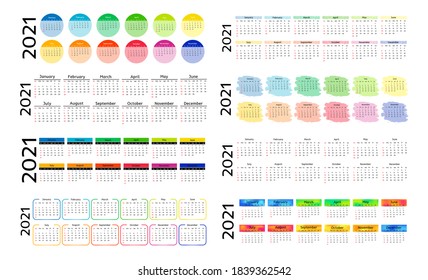 Set of eight horizontal calendars for 2021 isolated on a white background. Sunday to Monday, business template. Vector illustration