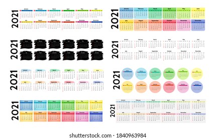 Set of eight horizontal calendars for 2021 isolated on a white background. Sunday to Monday, business template. Vector illustration