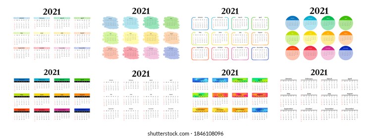 Set of eight horizontal calendars for 2021 isolated on a white background. Sunday to Monday, business template. Vector illustration