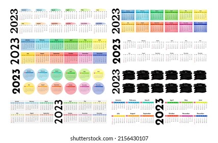 Conjunto de ocho calendarios horizontales para 2023 aislados en un fondo blanco. De domingo a lunes, plantilla de negocios. Ilustración del vector
