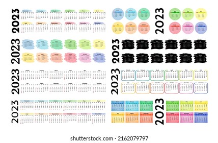 Set of eight horizontal calendars for 2023 isolated on a white background. Sunday to Monday, business template. Vector illustration