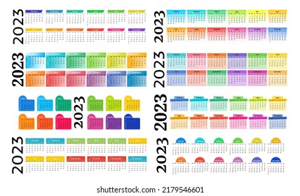 Set of eight horizontal calendars for 2023 isolated on a white background. Sunday to Monday, business template. Vector illustration