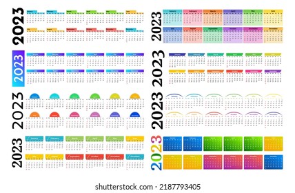 Set of eight horizontal calendars for 2023 isolated on a white background. Sunday to Monday, business template. Vector illustration