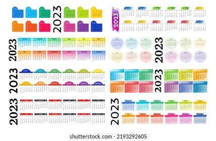 Set of eight horizontal calendars for 2023 isolated on a white background. Sunday to Monday, business template. Vector illustration