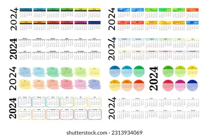 Set of eight horizontal calendars for 2024 isolated on a white background. Sunday to Monday, business template. Vector illustration