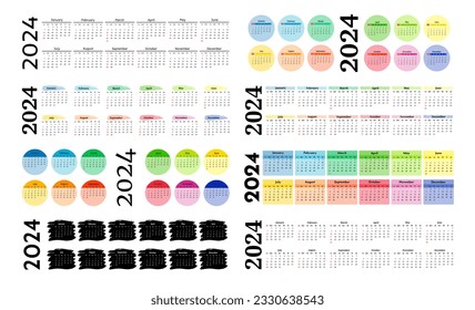 Set of eight horizontal calendars for 2024 isolated on a white background. Sunday to Monday, business template. Vector illustration