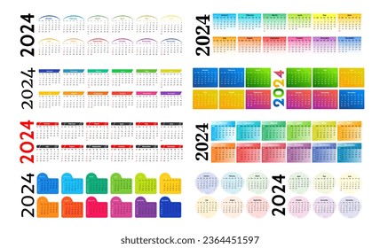 Set of eight horizontal calendars for 2024 isolated on a white background. Sunday to Monday, business template. Vector illustration