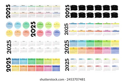 Set of eight horizontal calendars for 2025 isolated on a white background. Sunday to Monday, business template. Vector illustration