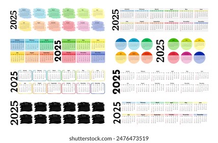 Set of eight horizontal calendars for 2025 isolated on a white background. Sunday to Monday, business template. Vector illustration