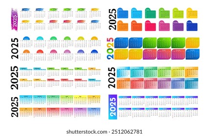 Conjunto de oito calendários horizontais para 2025 isolado em um fundo branco. De domingo a segunda-feira, modelo de negócios. Ilustração vetorial