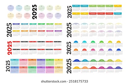 Set of eight horizontal calendars for 2025 isolated on a white background. Sunday to Monday, business template. Vector illustration