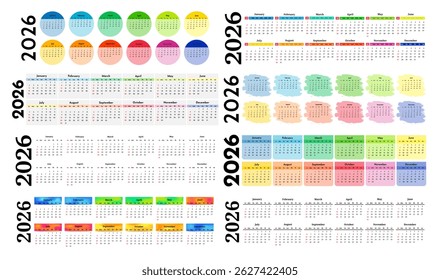 Set of eight horizontal calendars for 2026 isolated on a white background. Sunday to Monday, business template. Vector illustration