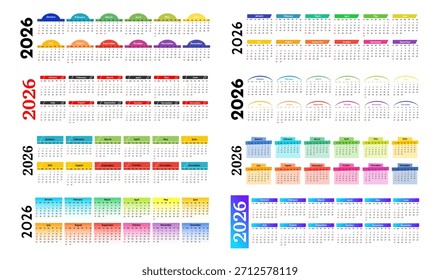 Set of eight horizontal calendars for 2026 isolated on a white background. Sunday to Monday, business template. Vector illustration