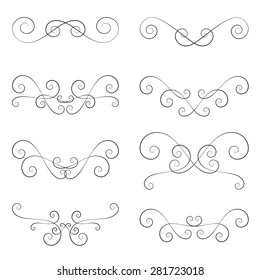 Set of eight horizontal decorative black vector swirl dividers, isolated on white. These classic swirly elements have a variable width brush effect (expanded), and are symmetrically mirrored.. 