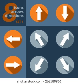 set of eight icons with arrows in all eight directions with stylized shadows