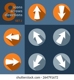 set of eight icons with arrows in all eight directions and stylized shadows