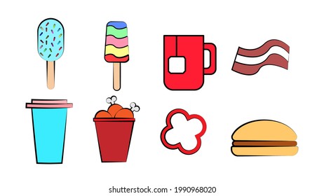 Set of eight icons of delicious food and snacks items for a restaurant bar cafe on a white background: ice cream, tea, bacon, jalapeno pepper, chicken, soda, burger