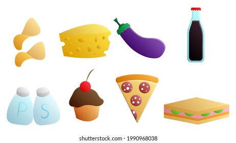 Set of eight icons of delicious food and snacks items for a cafe bar restaurant on a white background: chips, cheese, eggplant, soda, salt and pepper, muffin, pizza, sandwich