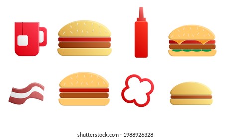 Set of eight icons of items of delicious food and snacks for a cafe bar restaurant on a white background: tea, burger, ketchup, bacon, jalapeno pepper