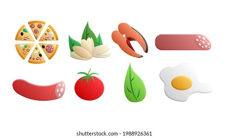 A set of eight icons of items of delicious food and snacks for a cafe bar restaurant on a white background: pizza, pistachios, fish, salami, tomatoes, herbs, egg