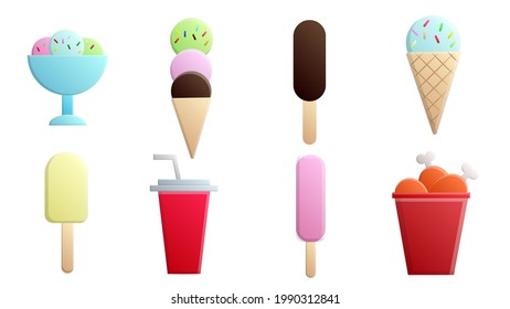 Set of eight icons of items of delicious food and snacks for a cafe bar restaurant on a white background: ice cream, chicken, soda