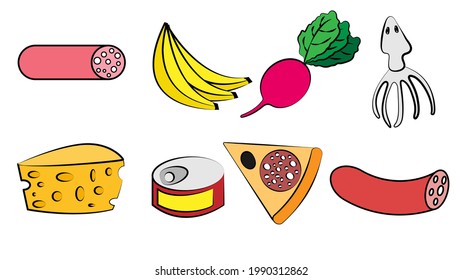 A set of eight icons of items of delicious food and snacks for a cafe bar restaurant on a white background: sausage, bananas, radish, squid, cheese, canned food, pizza