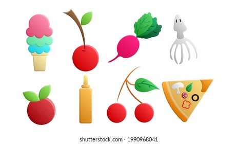 A set of eight icons of items of delicious food and snacks for a cafe bar restaurant on a white background: ice cream, cherry, berry, radish, squid, syrup, pizza