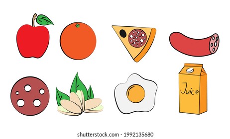 A set of eight icons of items of delicious food and snacks for a cafe bar restaurant on a white background: apple, orange, pizza, sausage, fistatski, egg, juice