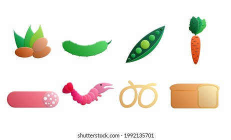 Set of eight icons of items of delicious food and snacks for a cafe bar restaurant on a white background: nuts, cucumber, peas, carrots, sausage, bread, shrimp, pretzel