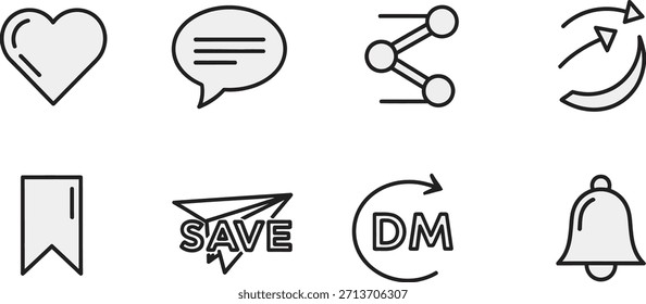 Un conjunto de ocho iconos que representan varios símbolos de redes sociales y notificaciones en un estilo de arte lineal minimalista
