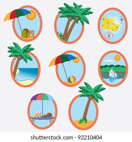 Set of eight icons with vacation theme on the white background.