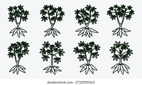 Conjunto de ocho plantas idénticas con raíces y hojas sobre fondo blanco varias ilustraciones de follaje verde