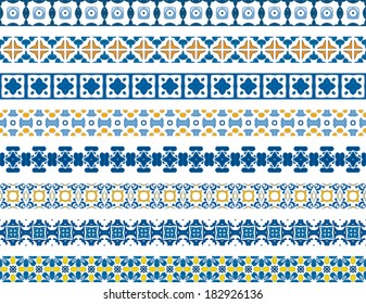 Set of eight illustrated decorative borders made of Portuguese tiles