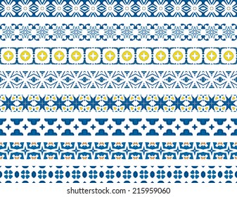 Set of eight illustrated decorative borders made of Portuguese tiles