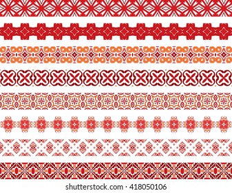 Set of eight illustrated decorative borders made of Portuguese tiles in red