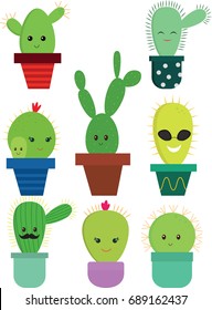 Set of eight illustration of funny vector cactus, cute face and simple pots.