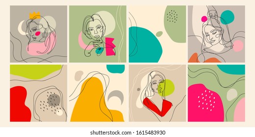 Set of eight illustrations. Outline female silhouettes and abstract backgrounds. Contemporary modern trendy vector illustrations. Every illustration is isolated. Pastel colors